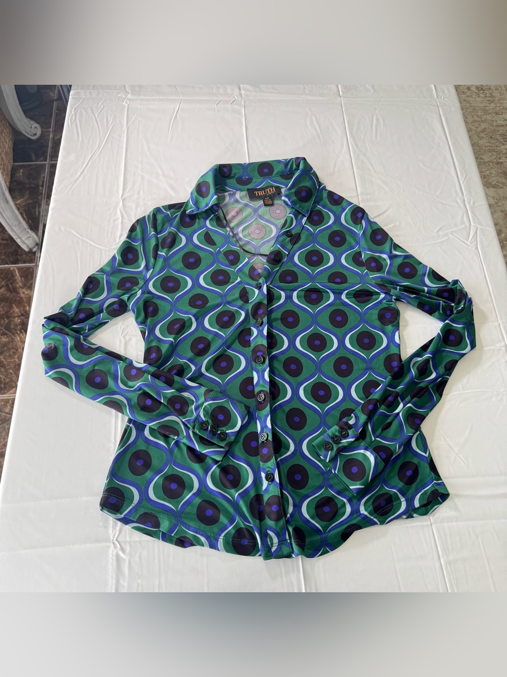 Truth by Republic Green Blue Geometric Print Button Front Blouse Size S/P Retro